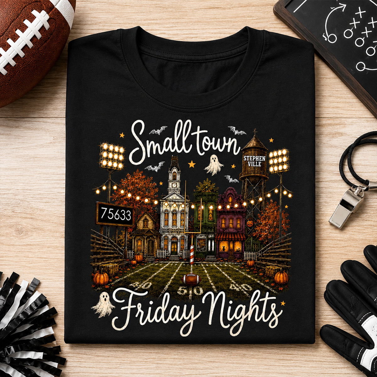 Fall Halloween Small Town Friday Nights - Personalized Shirt - Custom Town Name & Zip Code