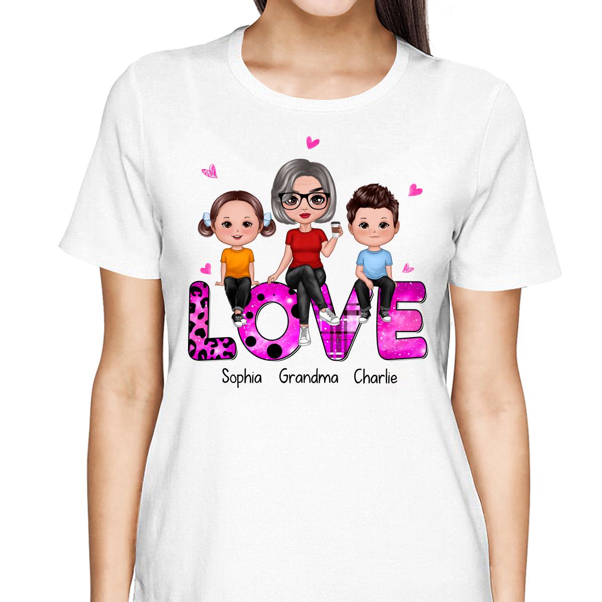 Doll Grandma With Grandkids Sitting On Love Word Personalized Shirt