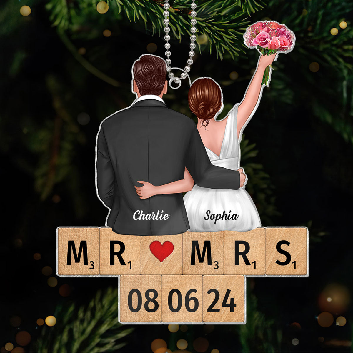 Wedding Couple Groom Bride Sitting On Puzzle Personalized Acrylic Ornament, Christmas Gift for Him for Her