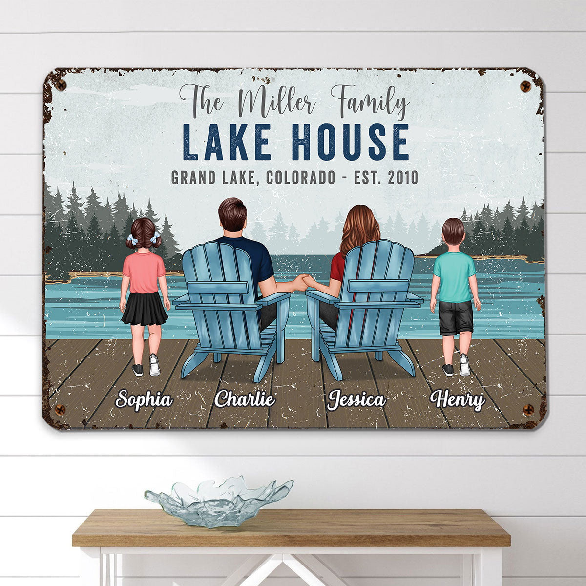 Lake House Sign Family Couple Kid Back View Lake View Personalized Metal Sign