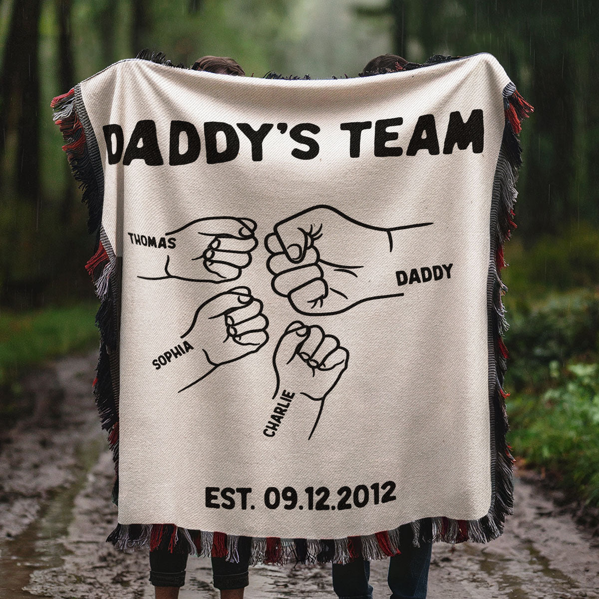 Daddy's Team Fist Bump Outline Personalized Tapestry Woven Blanket, Gift For Dad, Grandpa