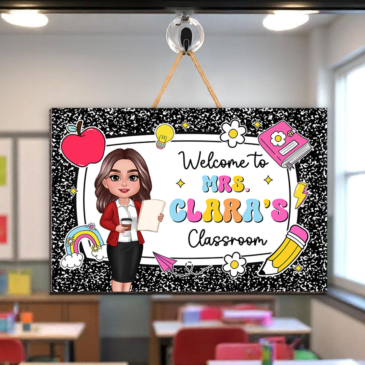 Teacher Composition Book Pattern Personalized Wood Sign, Back To School Gift