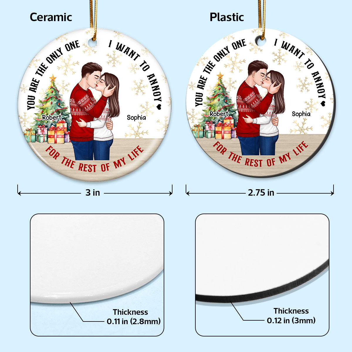 Couple Kissing Christmas Snowflake Background Personalized Circle Ornament