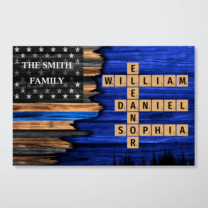 Half Flag Thin Blue Line Family Crossword Art Puzzle, Personalized Poster, Meaningful Father's Day Gift for Dad, Gift for Husband