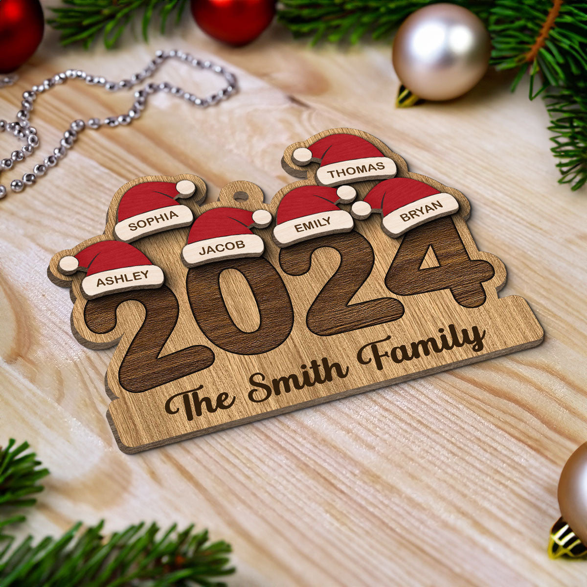 2024 Family Members Names Christmas Hat Personalized 2-Layer Wooden Ornament