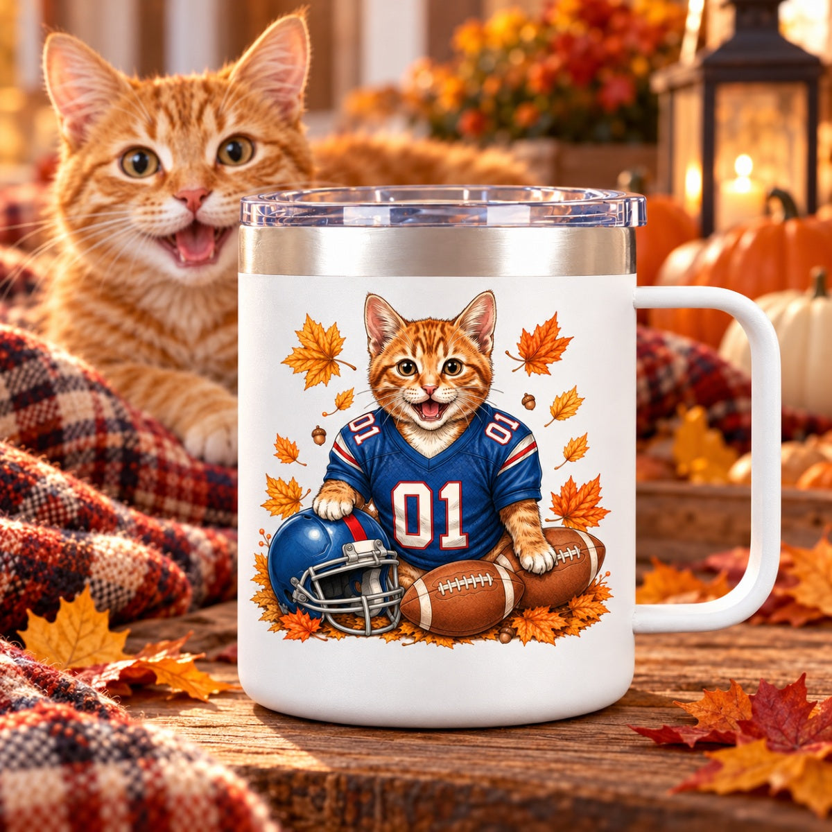 Trending Football Dog Cat Upload Photo - Personalized Stainless Steel Tumbler With Handle - Fall Season Gift For Man, Woman