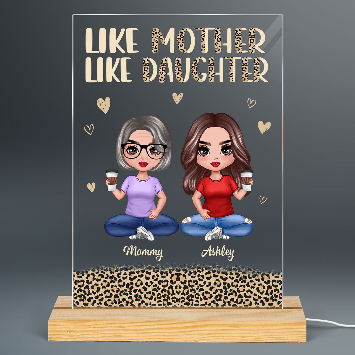 Like Mother Like Daughter Leopard Doll Mom And Daughters Personalized Rectangle Acrylic Plaque With LED Night Light