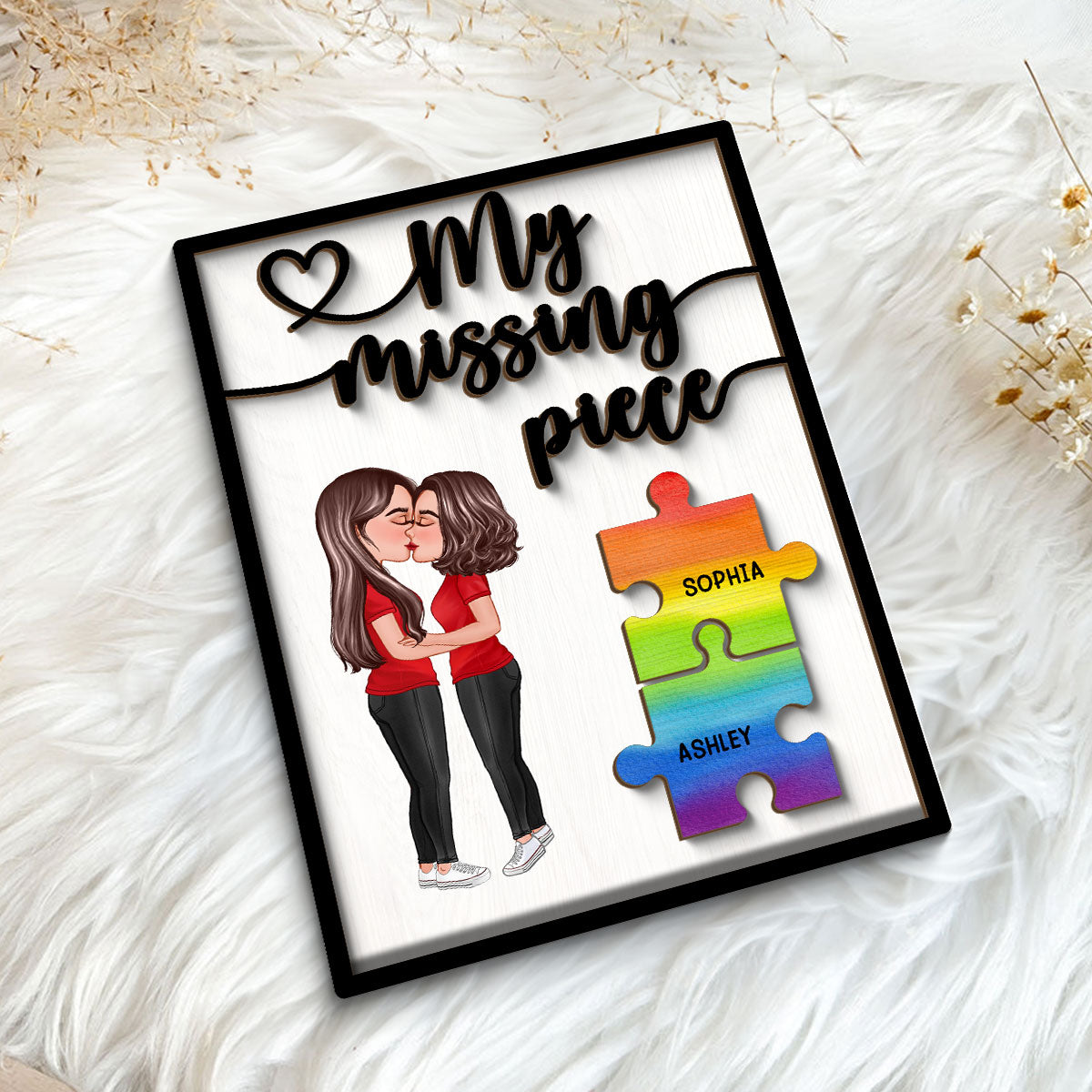 My Missing Piece Couple Kissing Puzzle Pieces LGBTQ+ Couple Pride Month Personalized 2-Layer Wooden Plaque