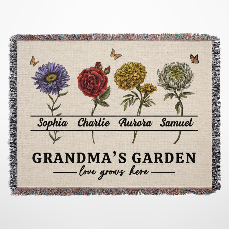 Grandma's Garden Love Grows Here Beautiful Vintage Birth Month Flowers Personalized Tapestry Woven Blanket