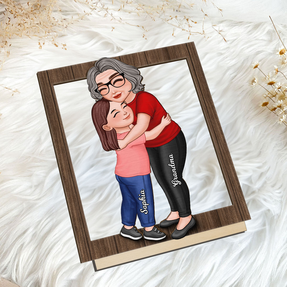 Grandma & Grandkid Hugging Frame Personalized 2-Layer Standing Wooden Plaque