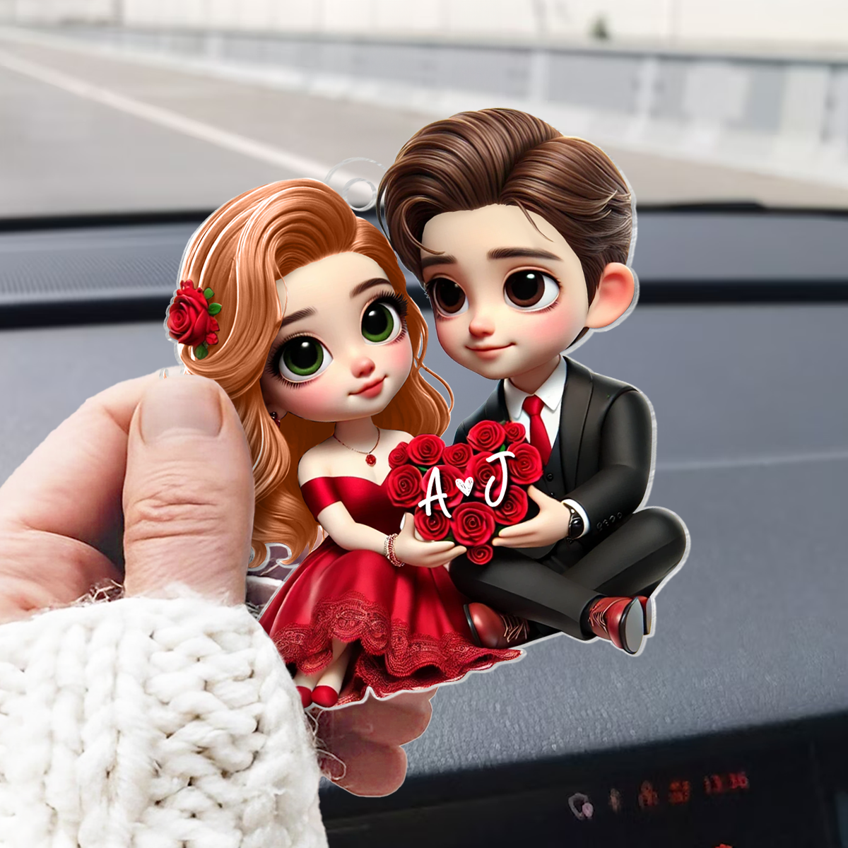 Romantic  Couple Roses Personalized Acrylic Car Hanger, Anniversary Gift for him, Gift for her