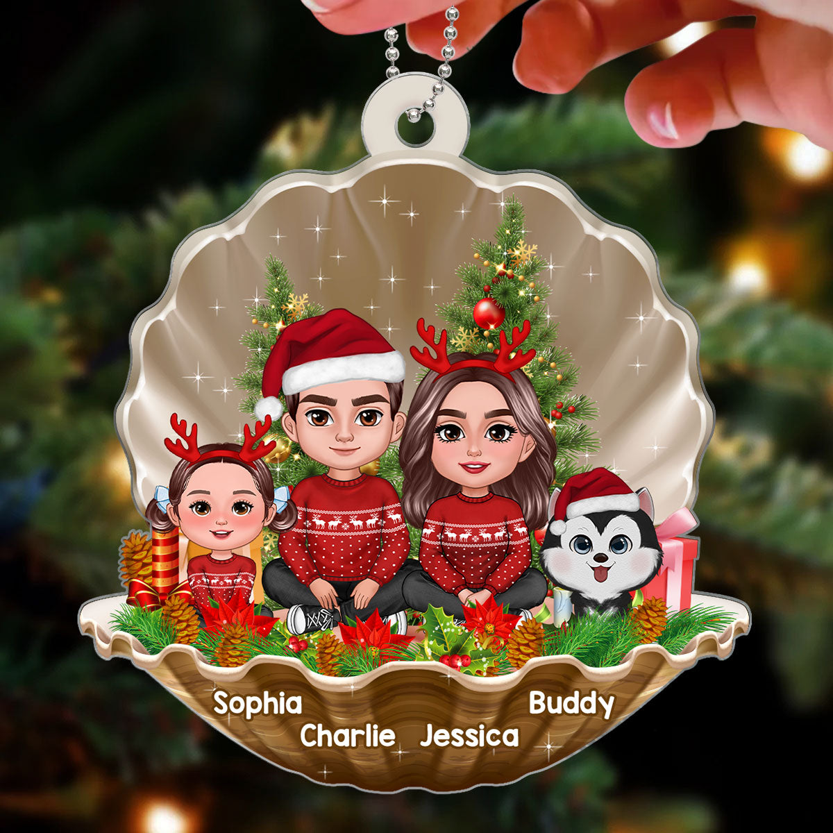 Christmas Pearl Shell Family Sitting Crossed Legs Personalized Acrylic Ornament