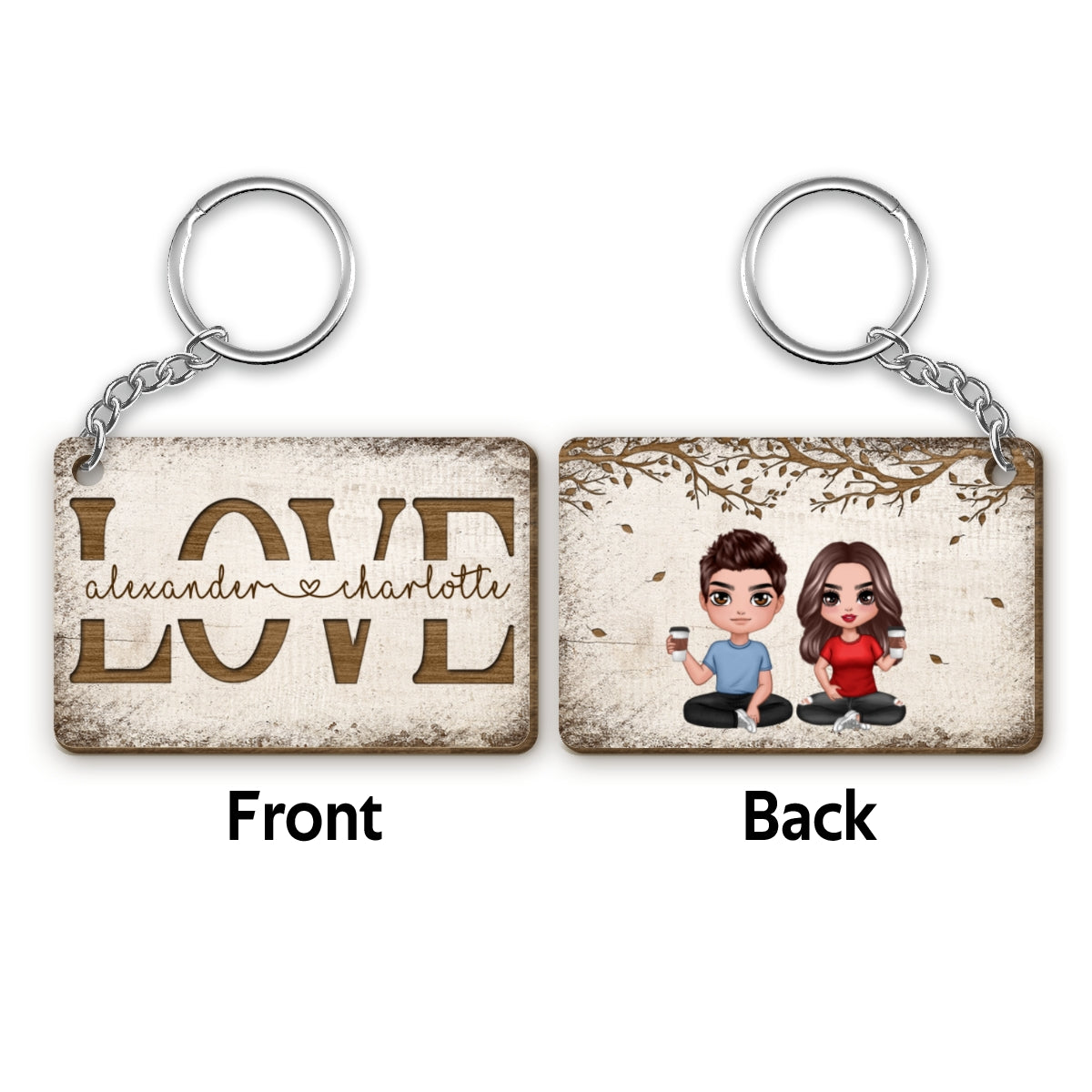 Couple Love Wooden Tree Cut Through Personalized Wooden Keychain