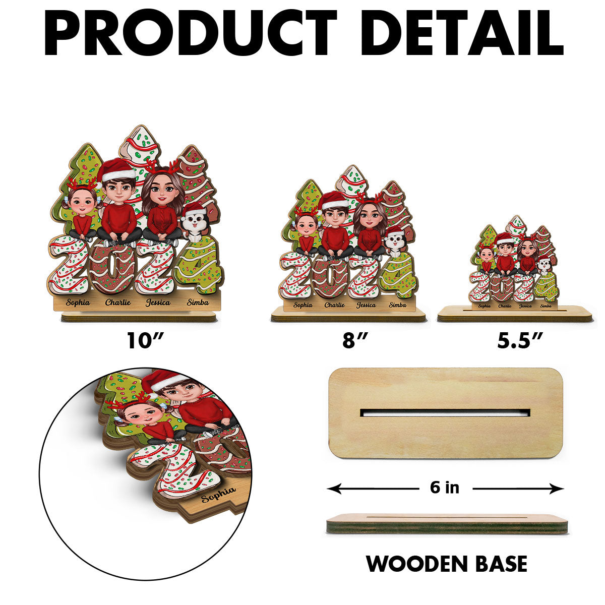 Family Crossed Legs Sitting Christmas Tree Cake Patterned Personalized 2-Layer Standing Wooden Plaque