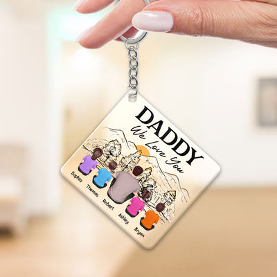 Best Dad Ever Back View Man Kids Dog Cat Mountain Sketch Personalized Acrylic Keychain