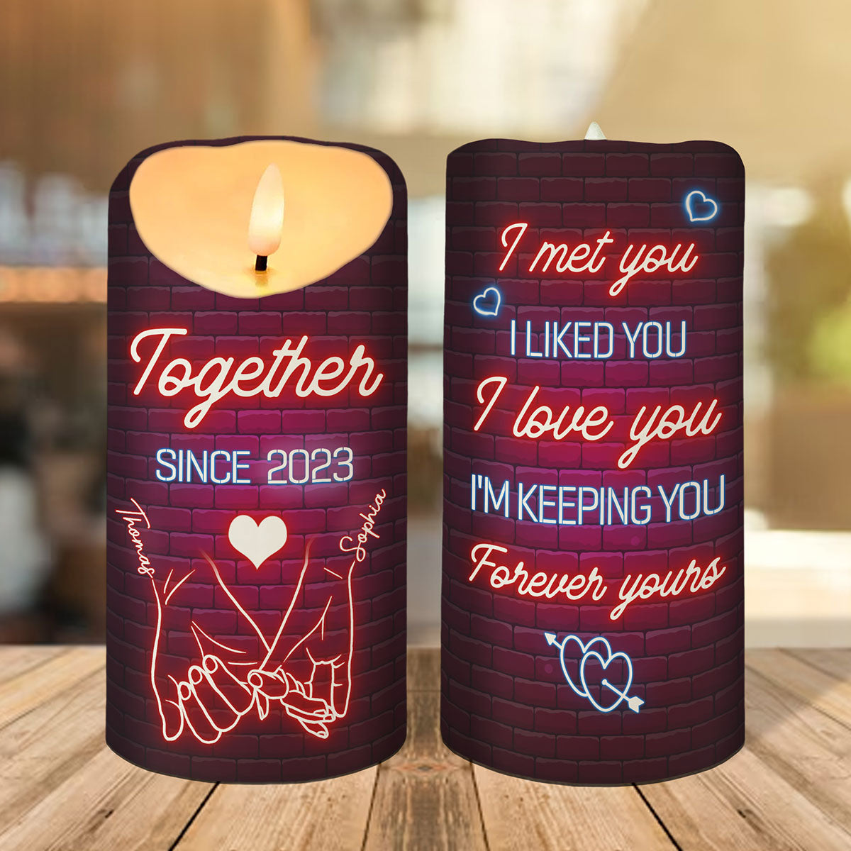 Couple Love Message Neon Light Theme Hand In Hand Outline Personalized LED Candle