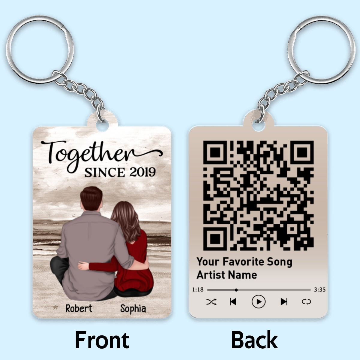 Retro Vintage Couple Sitting At Beach Favorite Song QR Code Personalized Acrylic Keychain