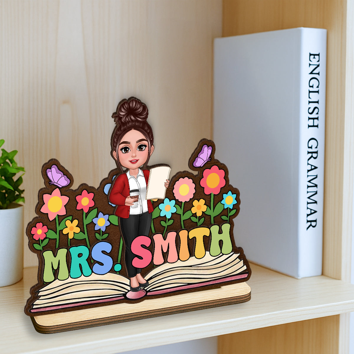 Teacher Flowers Book Personalized Standing Wooden Plaque, Back To School Gift for Teachers