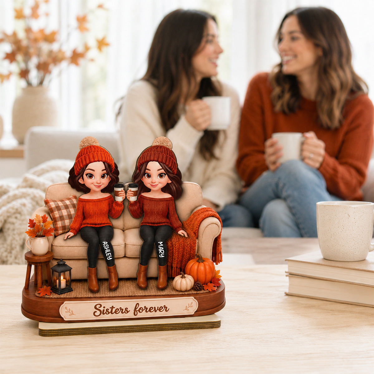 Besties Sitting On Pumpkin Spice Latte 2D Flat - Personalized Wooden Plaque - Cozy Fall Gift