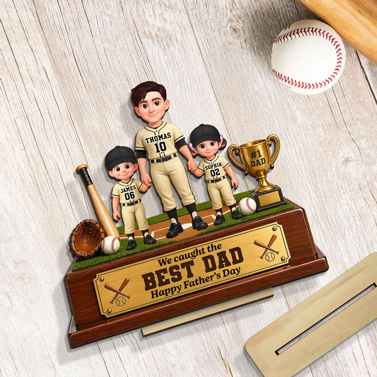 Baseball We Caught The Best Dad - Personalized 2-Layered Wooden Plaque - Father's Day Gift For Dad