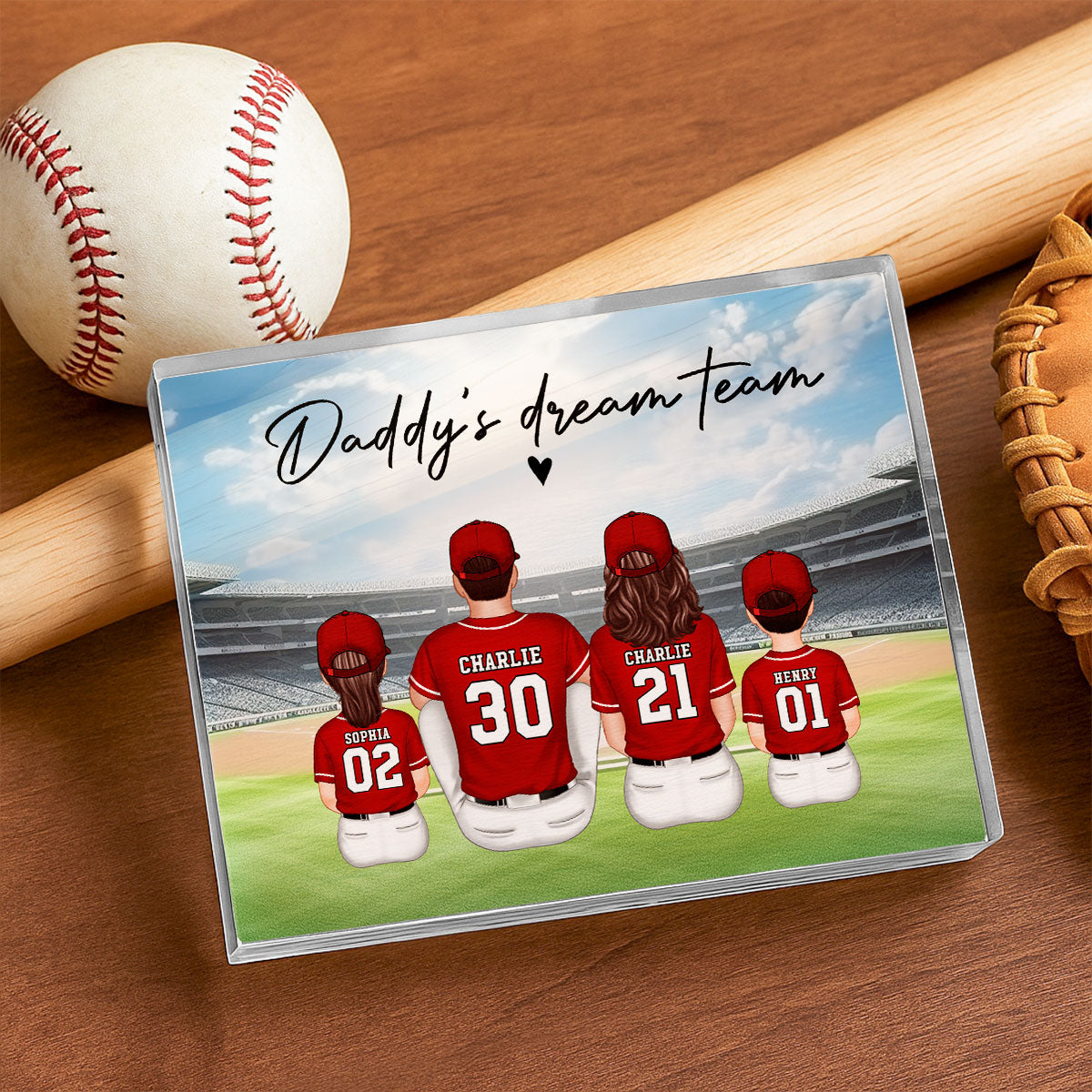 Daddy's Team Baseball Family Sitting Personalized Acrylic Block, Unique Father's Day Gift for Dad, Gift for Husband