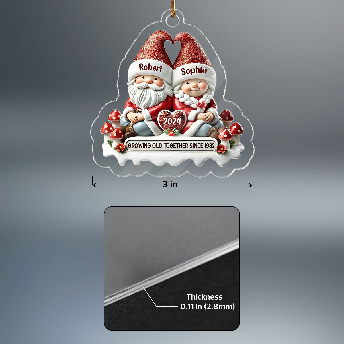 3D Effect Gnome Couple - Personalized Acrylic Ornament - Gift for Him, Gift for Her