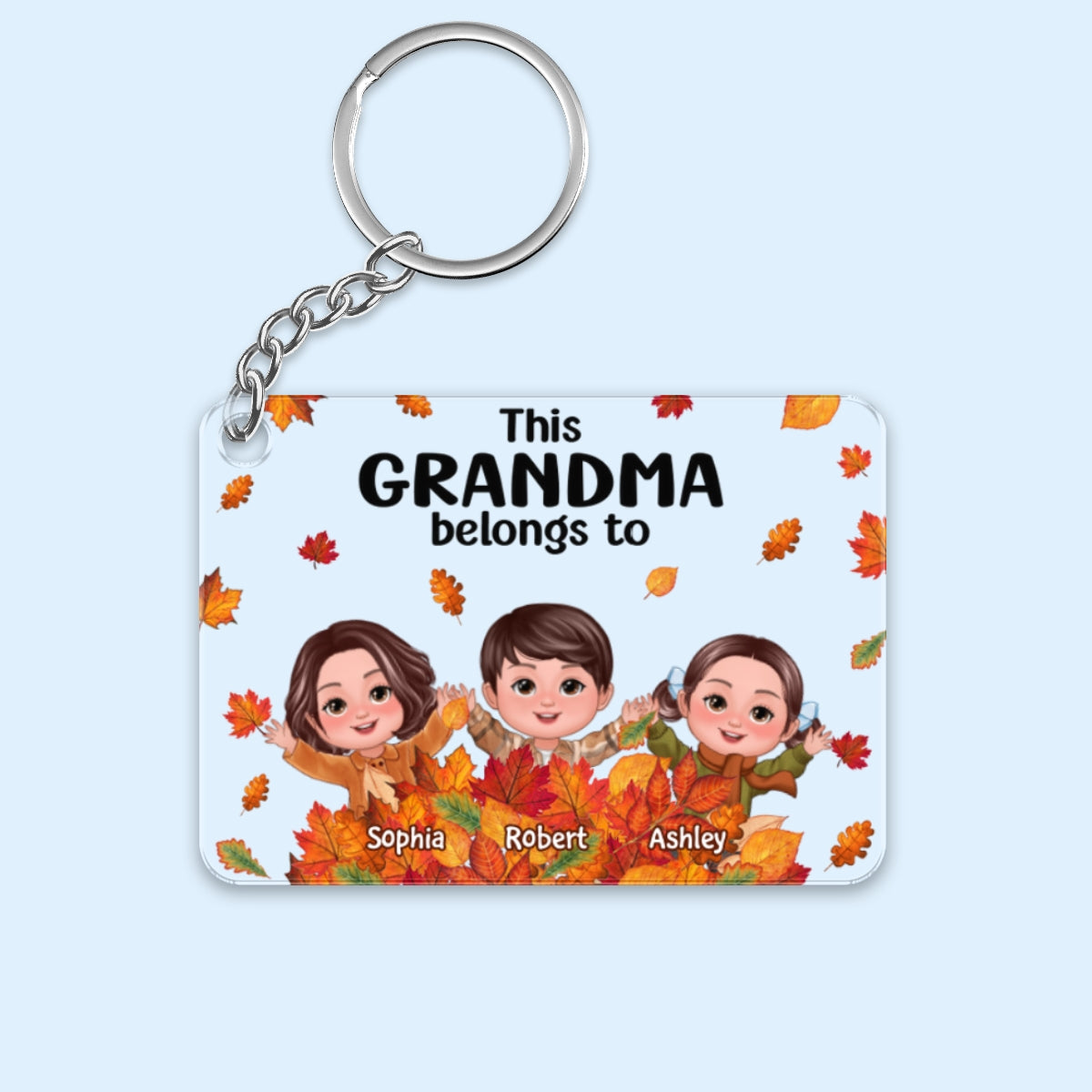Fall Season Kids Playing In Leaf Pile Grandma Mom Personalized Acrylic Keychain