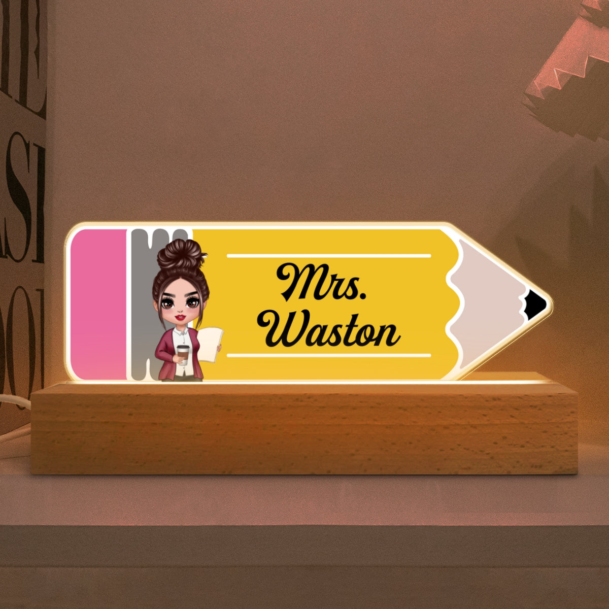 Doll Teacher Pencil Shaped Personalized Acrylic LED Night