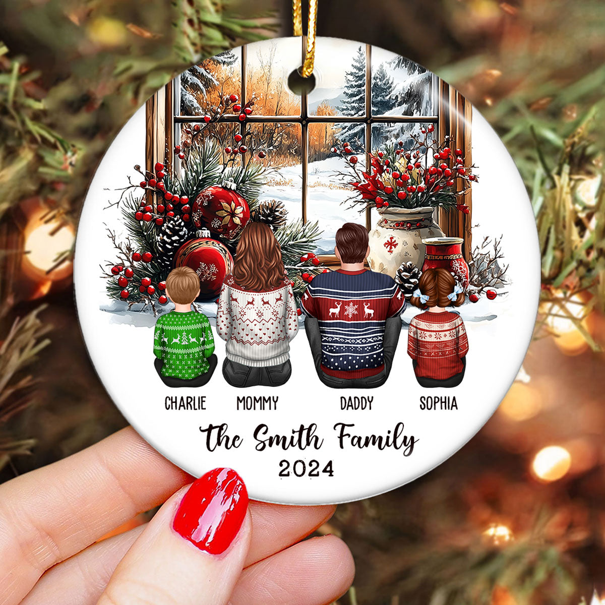 Family Sitting By The Window Personalized Ceramic Ornament, Christmas Gift for Siblings