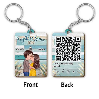 Green Color Palette Doll Couple Kissing On The Bridge Favorite Song Scannable QR Code Personalized Wooden Keychain