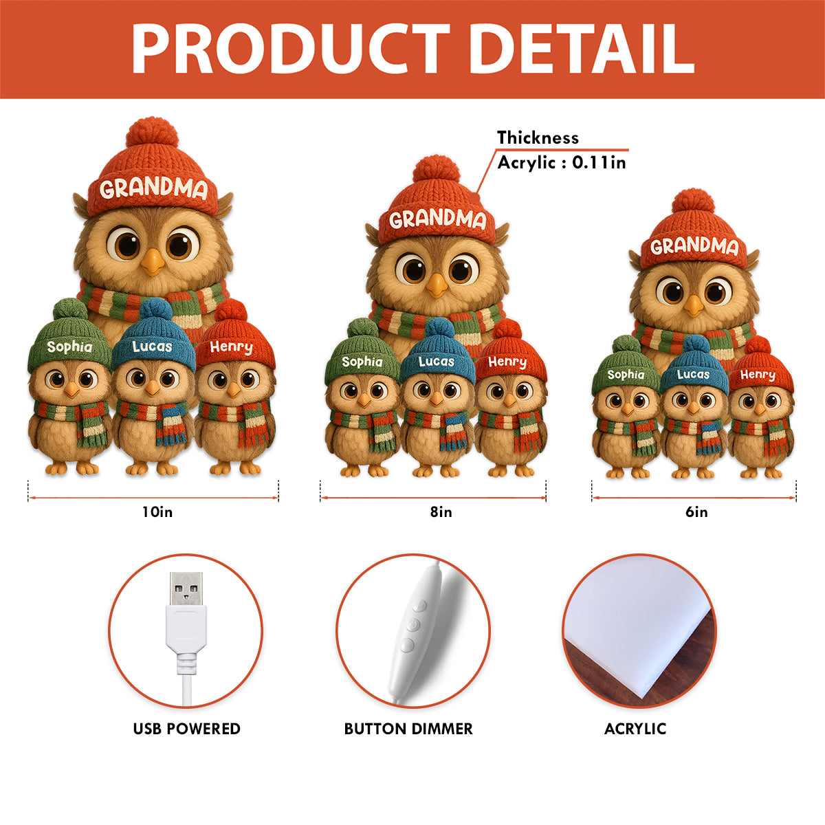 3D Effect Heartwarming Christmas Owls Grandma Grandkids - Personalized Light Box