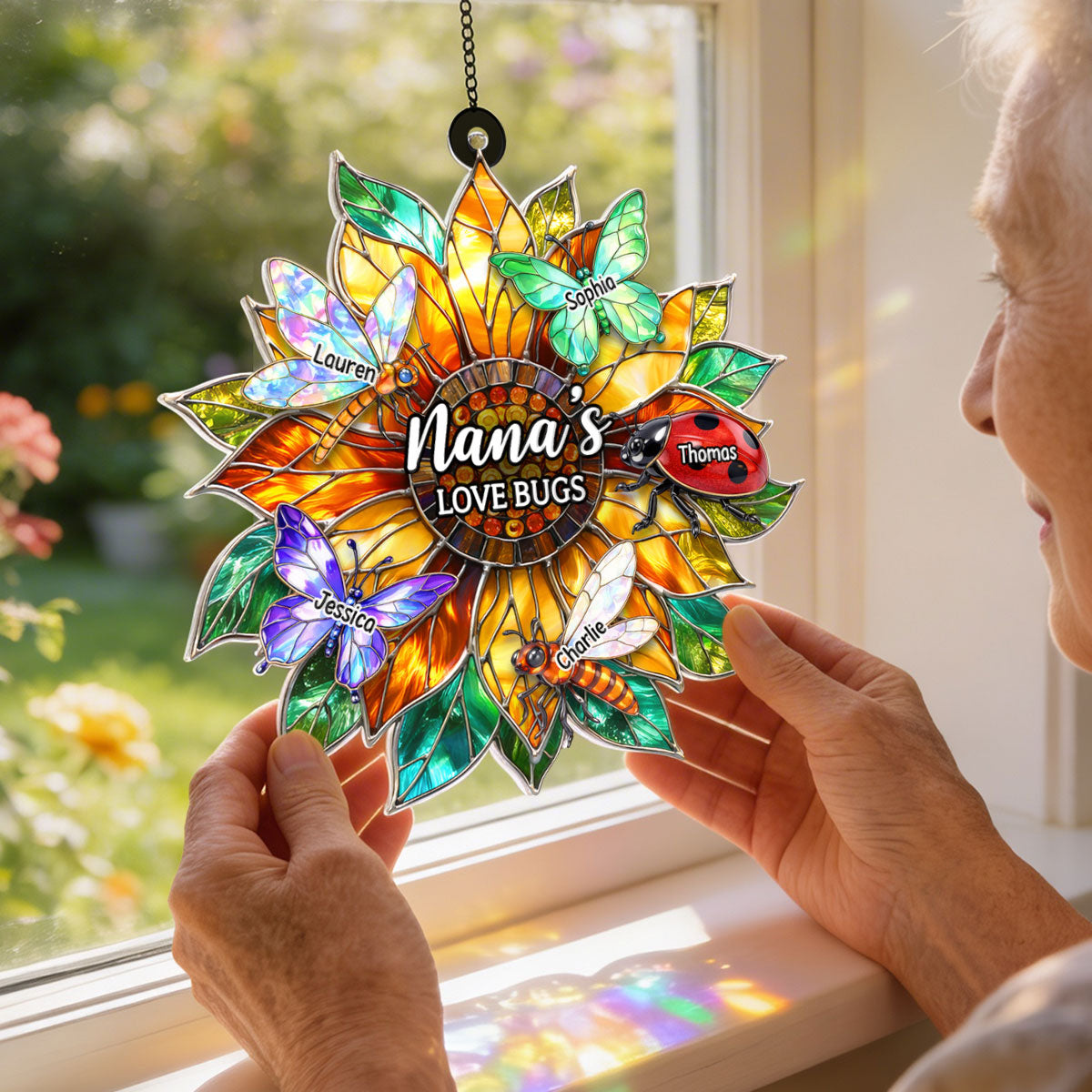 Grandma's Love Bugs Sunflower - Personalized Suncatcher - Mother's Day Gift for Mom, Grandma, Wife