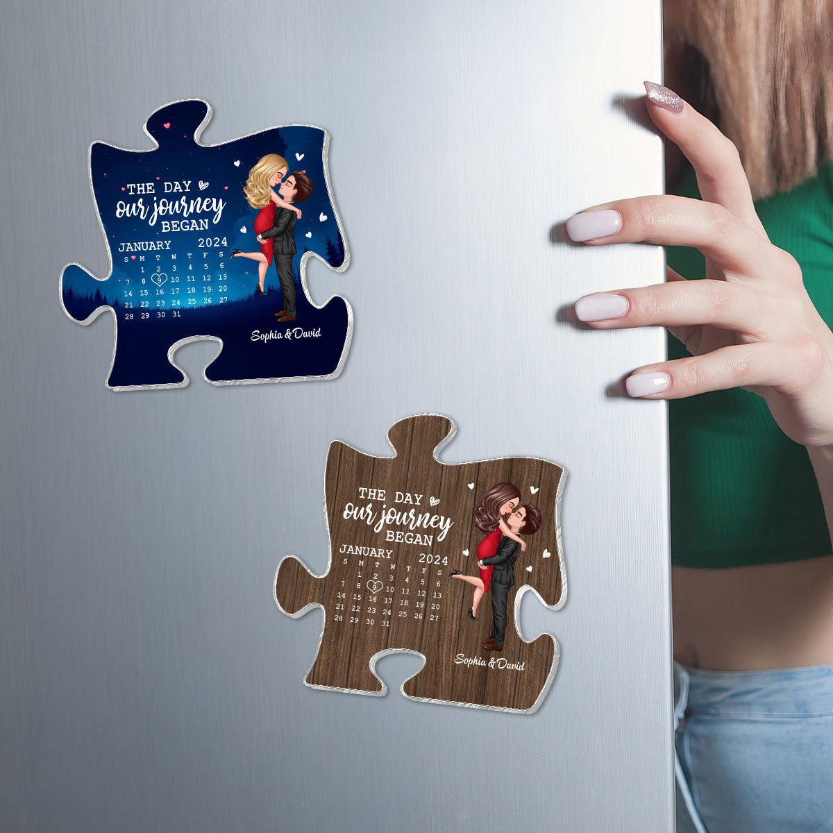 The Day Journey Began Couple Hugging Kissing Anniversary Calendar Keepsake Puzzle Shaped Personalized Acrylic Fridge Magnet