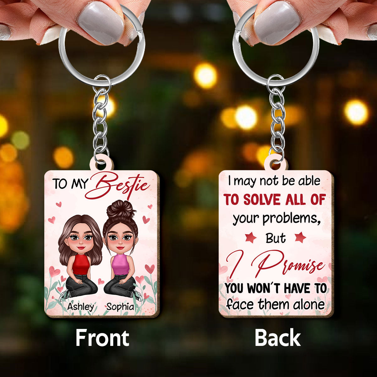 Pretty Doll To My Bestie Heart Flower Personalized Wooden Keychain
