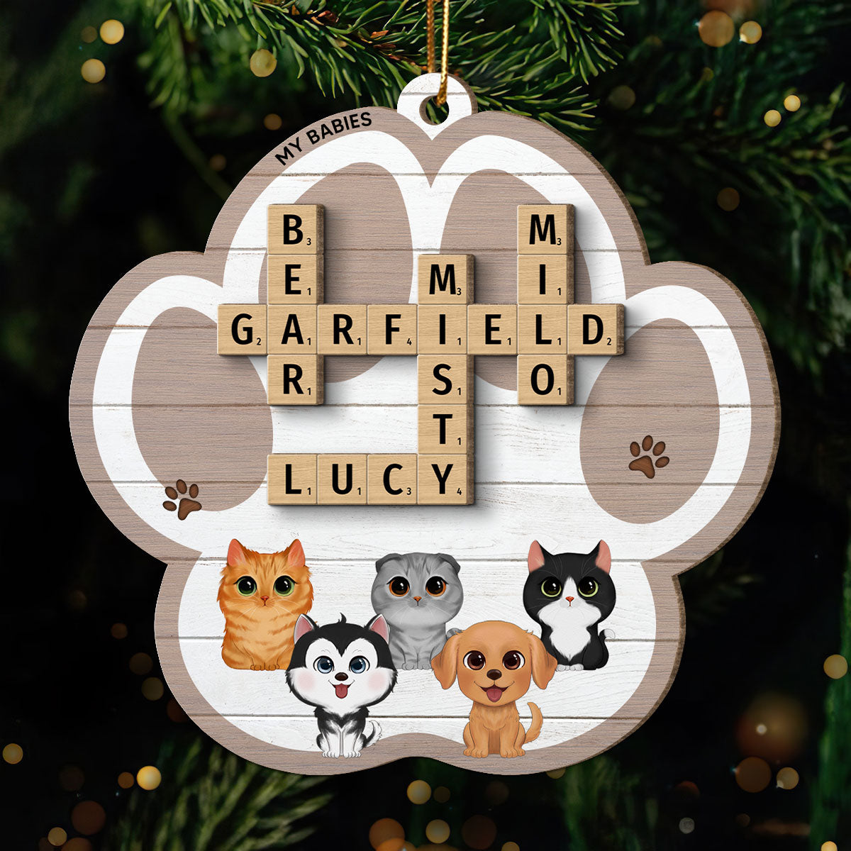 My Babies Dog Cat Crossword Puzzle Art Personalized Paw Shaped 2-Layer Wooden Ornament