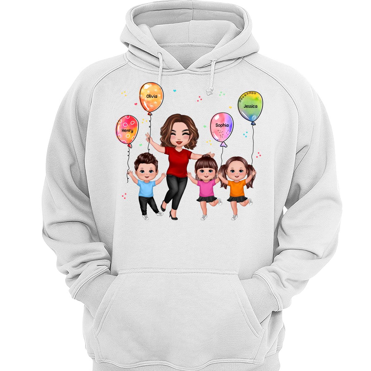 Happy Doll Grandma Mom & Doll Kids Holding Balloons Personalized Shirt