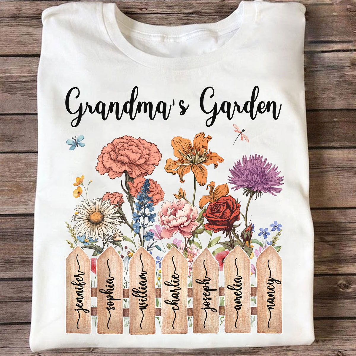 Grandma Birth Month Flower Garden Grandkids Names On Fence Personalized Shirt, Mother's Day gift for Mom, for Grandma