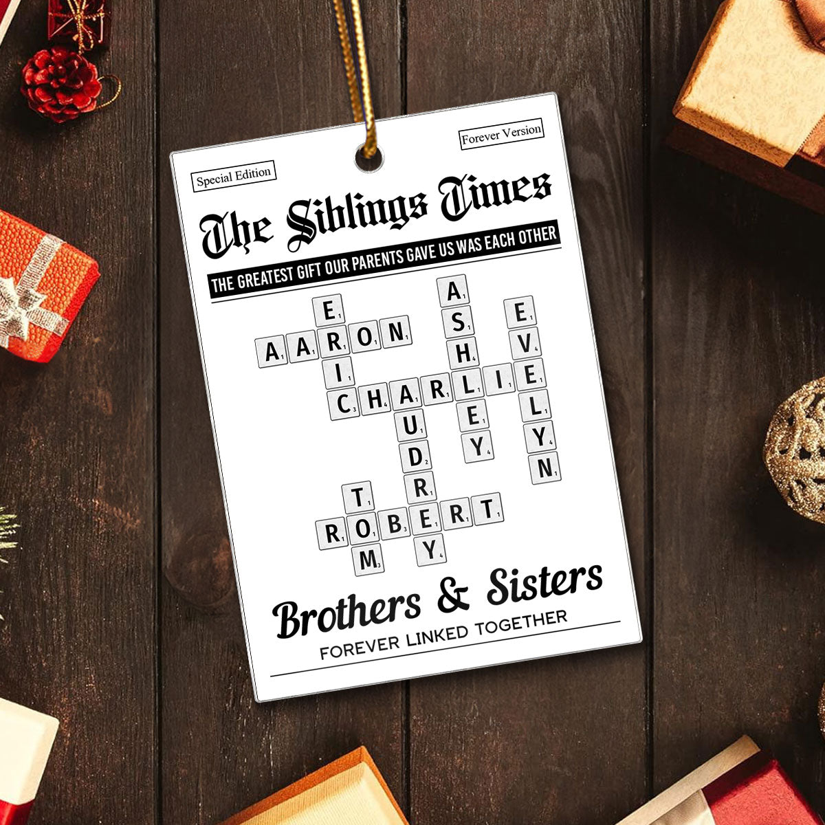 The Siblings Times Crossword Puzzle Newspaper Style - Personalized Acrylic Ornament - Christmas Keepsake Gift For Brothers, Sisters