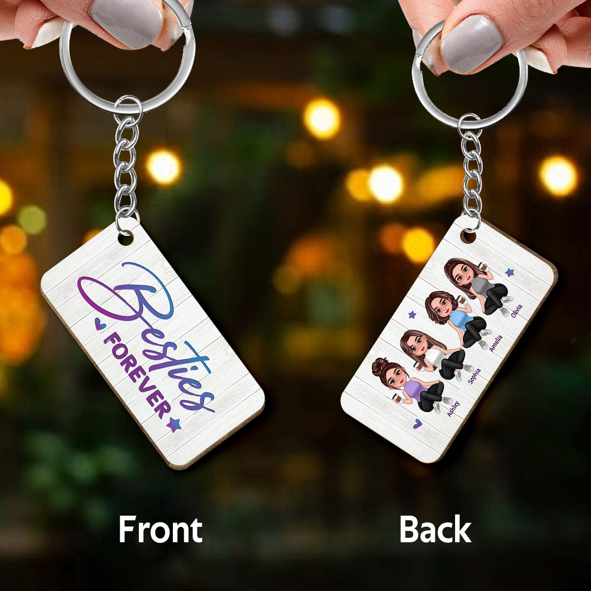 Pretty Doll Sitting Best Friends Sisters Personalized Wooden Keychain