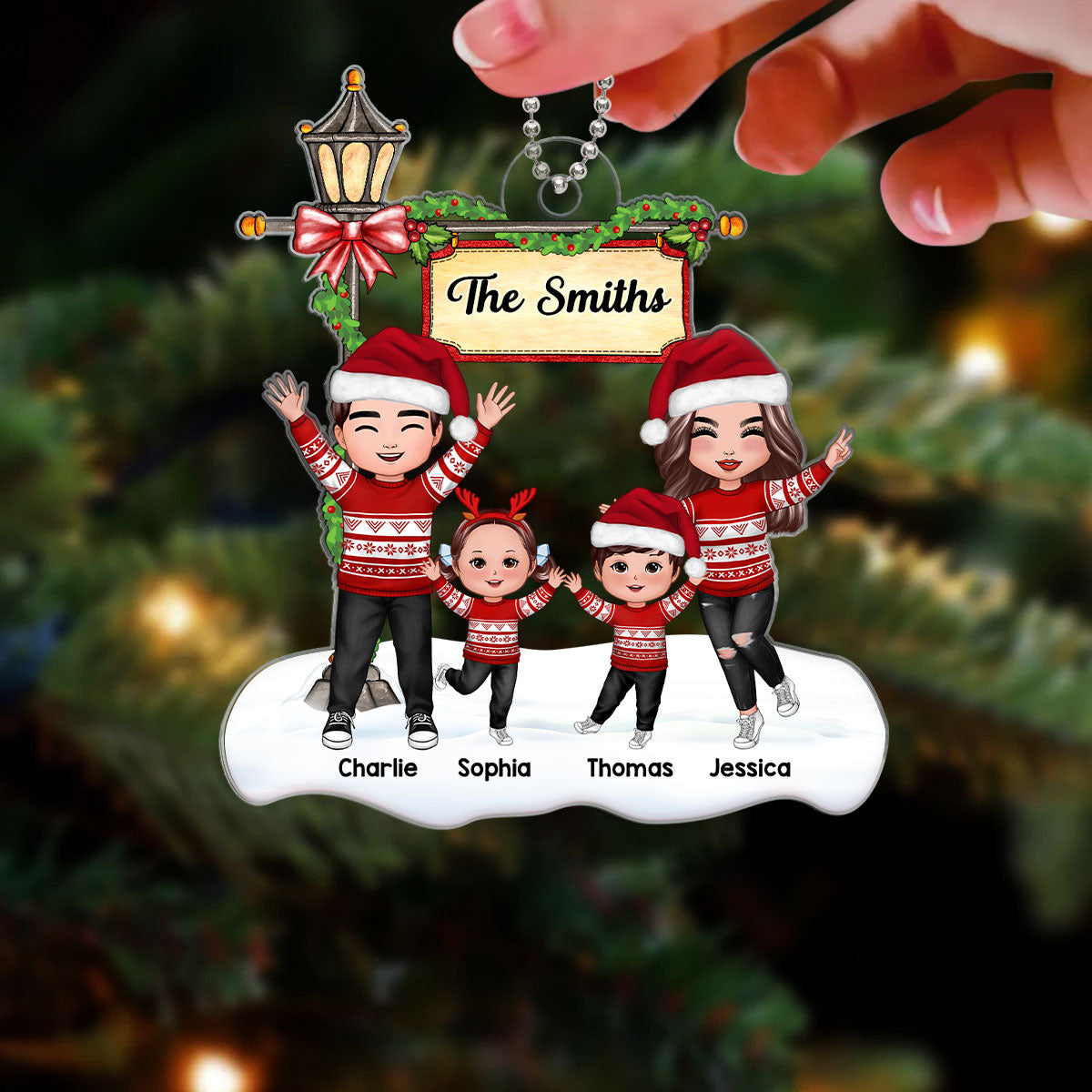 Happy Doll Family Dad Mom Under Lamp Post Christmas Personalized Acrylic Ornament