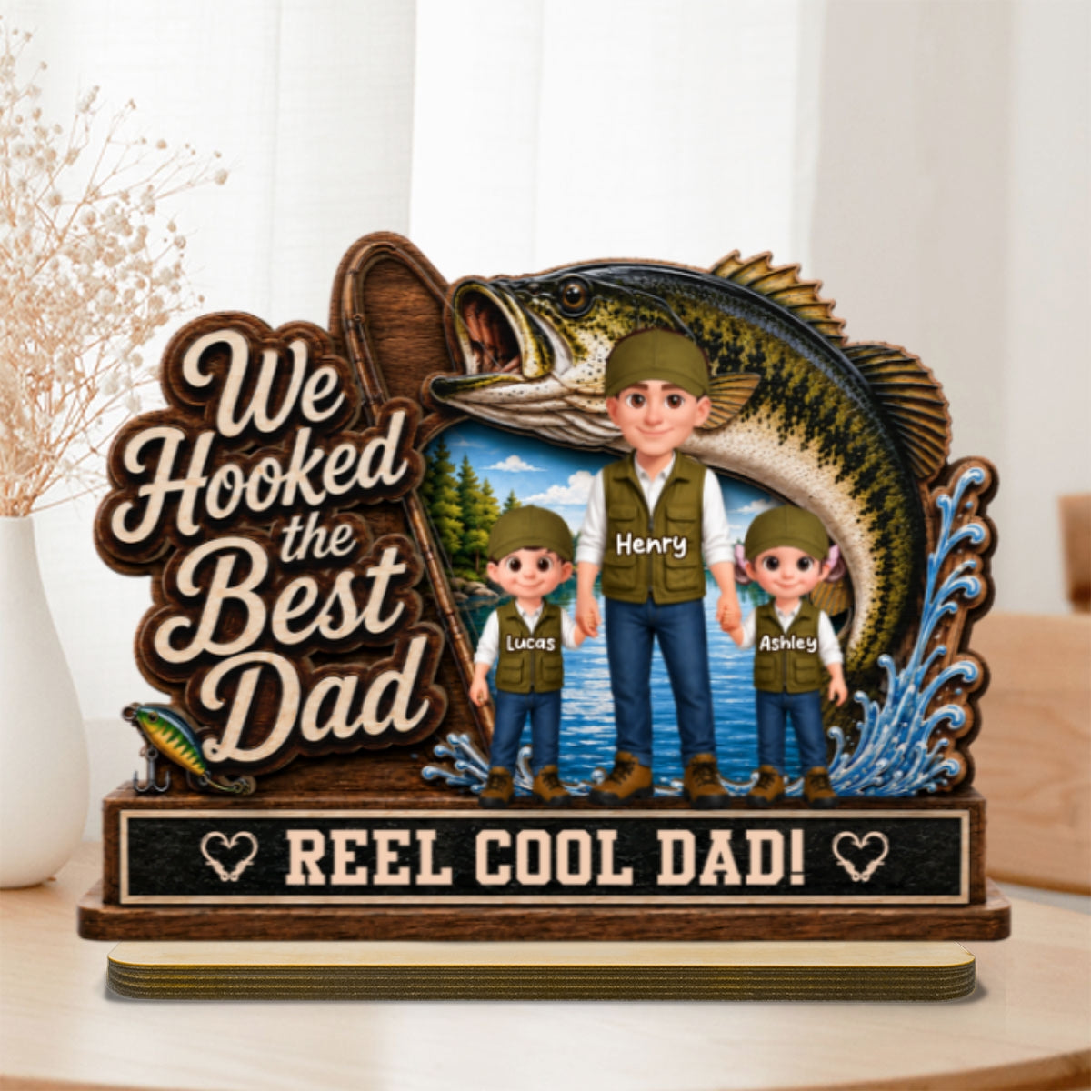 We Hooked The Best Dad Fishing Man & Kids 2D Flat - Personalized 2-Layered Wooden Plaque - Father's Day Gift For Fishing Dad