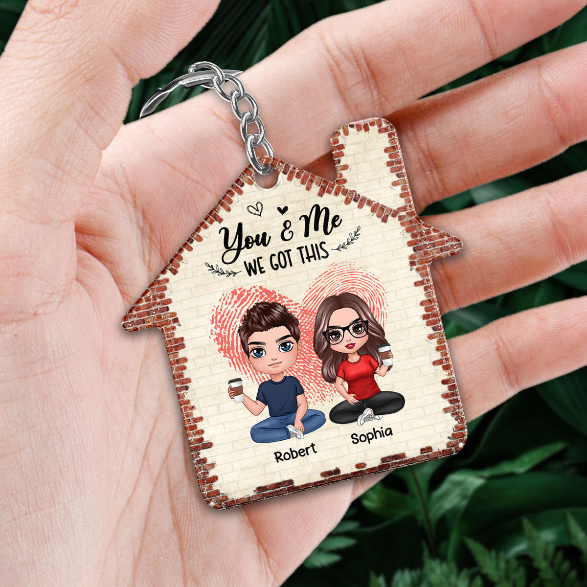 Home Sweet Home Doll Couple Sitting Fingerprint Heart Calendar Date Personalized Acrylic Keychain