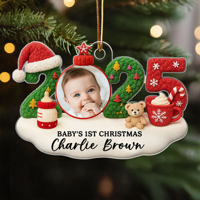 Baby Photo 2025 First Christmas Latch Hook Yarn Faux - Personalized Acrylic Ornament - Christmas Gift for New Parent, Newborn Keepsake