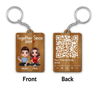 Doll Couple Sitting Favorite Song Scannable QR Code Personalized Wooden Keychain
