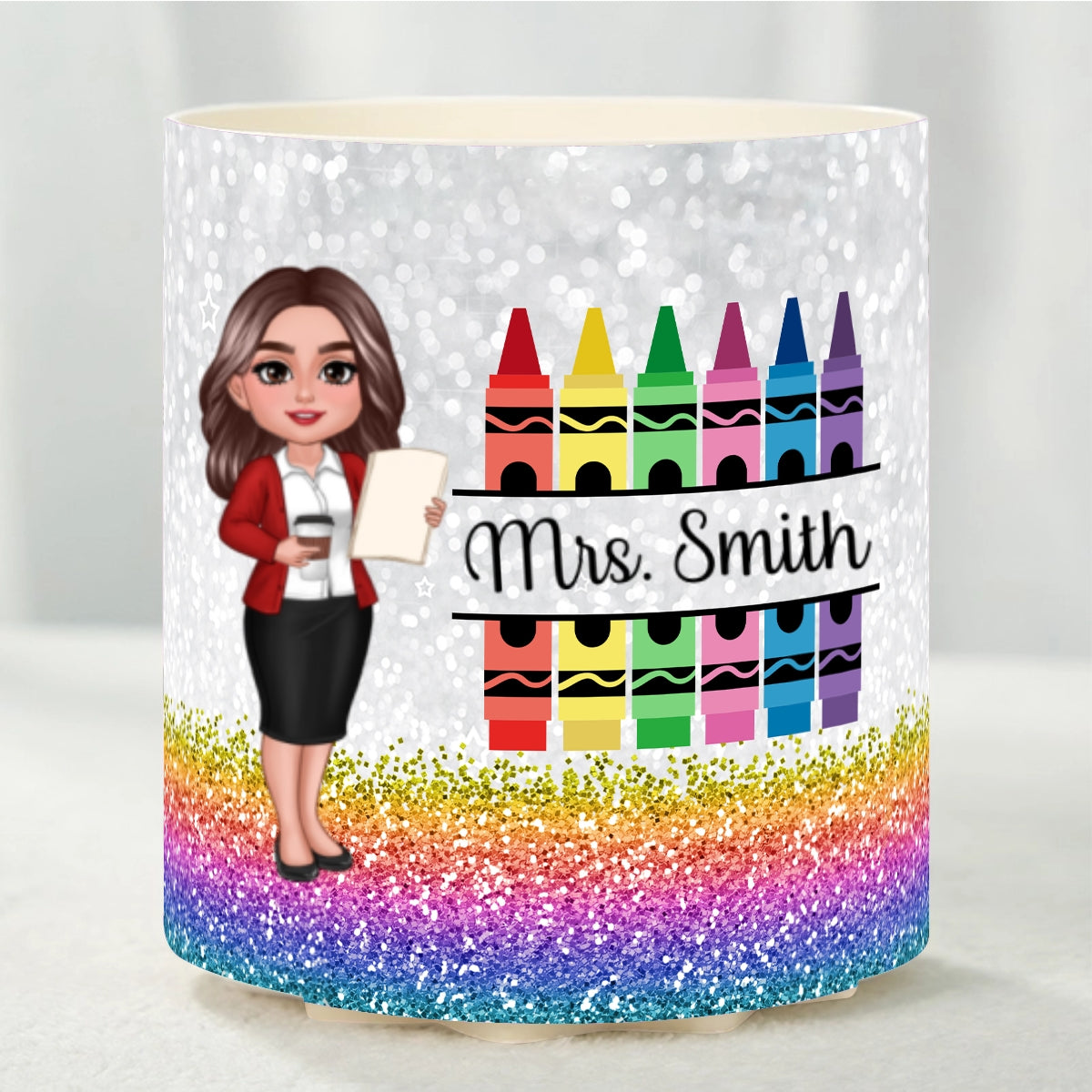 Teacher Crayon Glitter Texture Personalized Rotating Pen Holder, Teacher Appreciation Gift, Back To School Gift