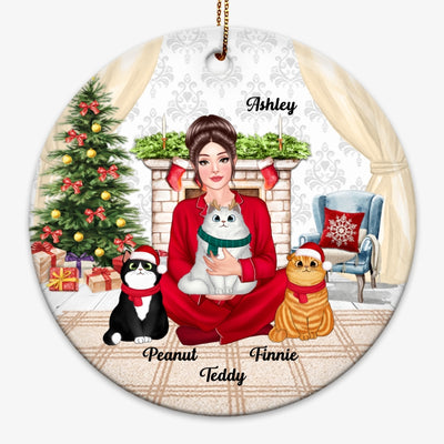 Pajamas Pretty Cat Mom Personalized Circle Ornament