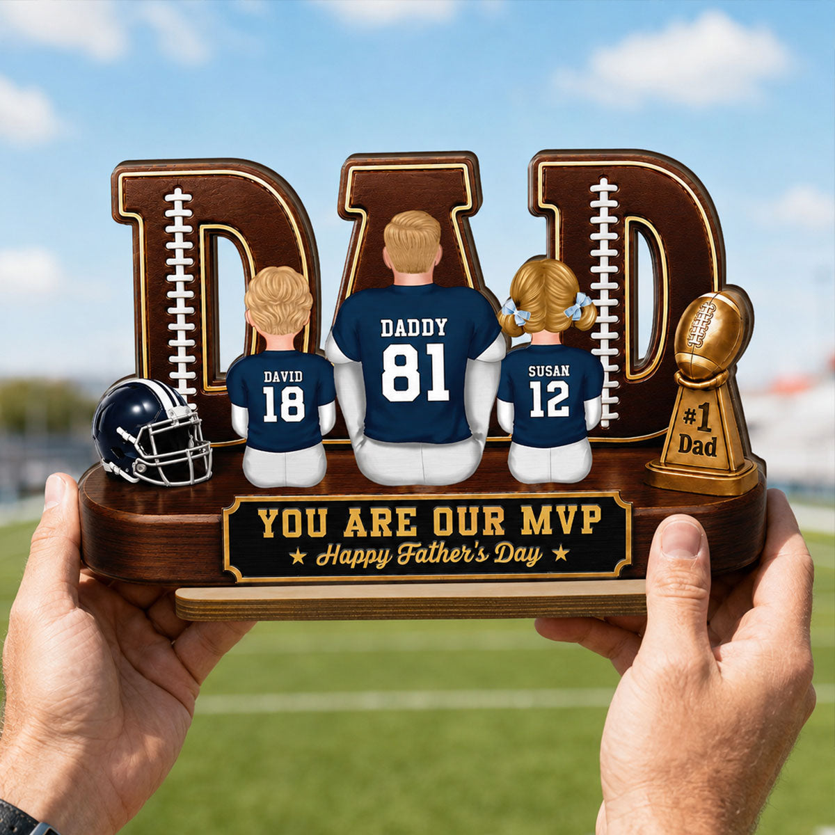 American Football Dad Legend Daddy's Dream Team - Personalized 2-Layered Wooden Plaque - Unique Trending Father's Day Gift For Dad, Husband, Football Fans