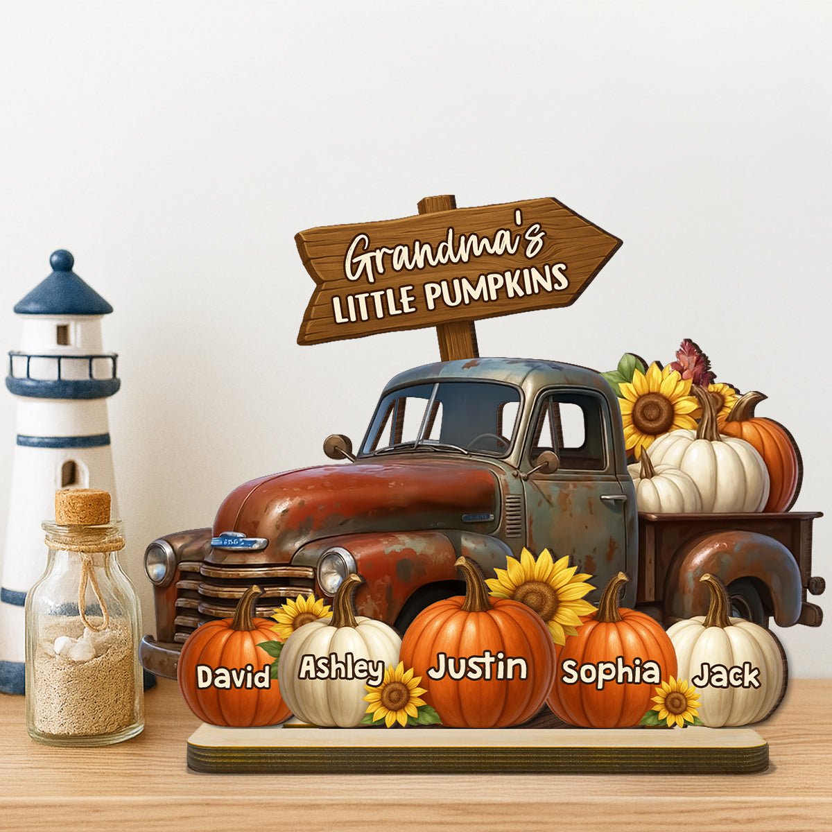Grandma's Little Pumpkin Fall Truck Personalized Standing Wooden Plaque, Fall Decor for Grandma