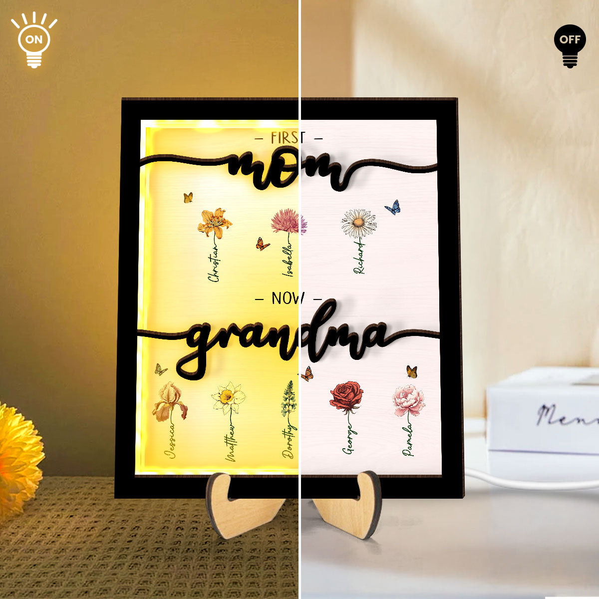 First Mom Now Grandma Birth Month Flowers Personalized 2-Layer Wooden Plaque With LED, Gift for Mom, Grandma, for Mother's Day