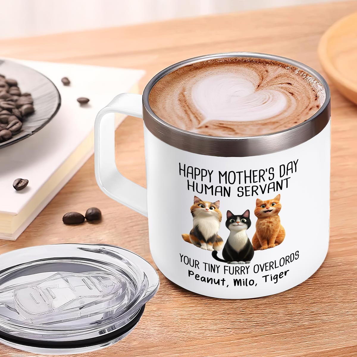 Happy Mother's Day Father's Day Human Servant Cartoon Funny Cats Personalized Stainless Steel Tumbler With Handle